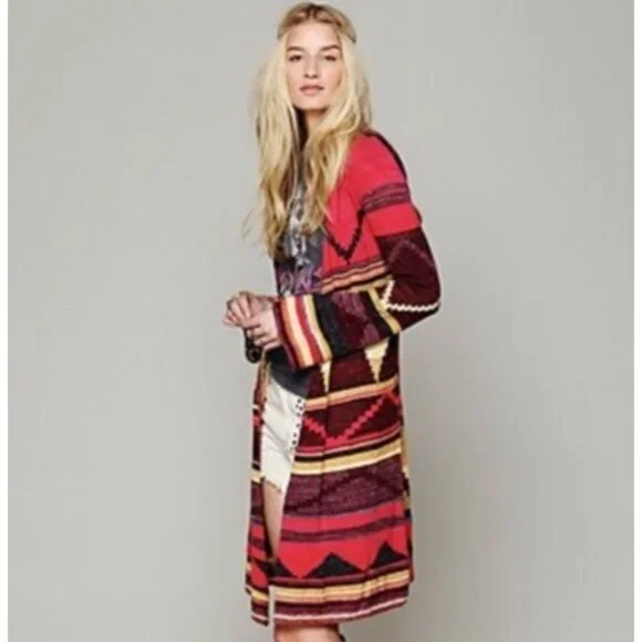 Free People Hooded Long Multicolor Cardigan | Boho Coastal Cowgirl Tribal Indie - Picture 1 of 16